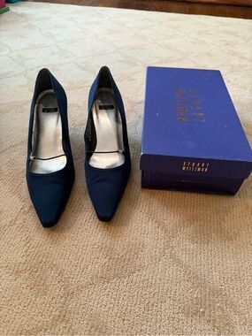 Stuart Weitzman Navy Pointed-Toe Satin Pumps with Silver Strap Accent